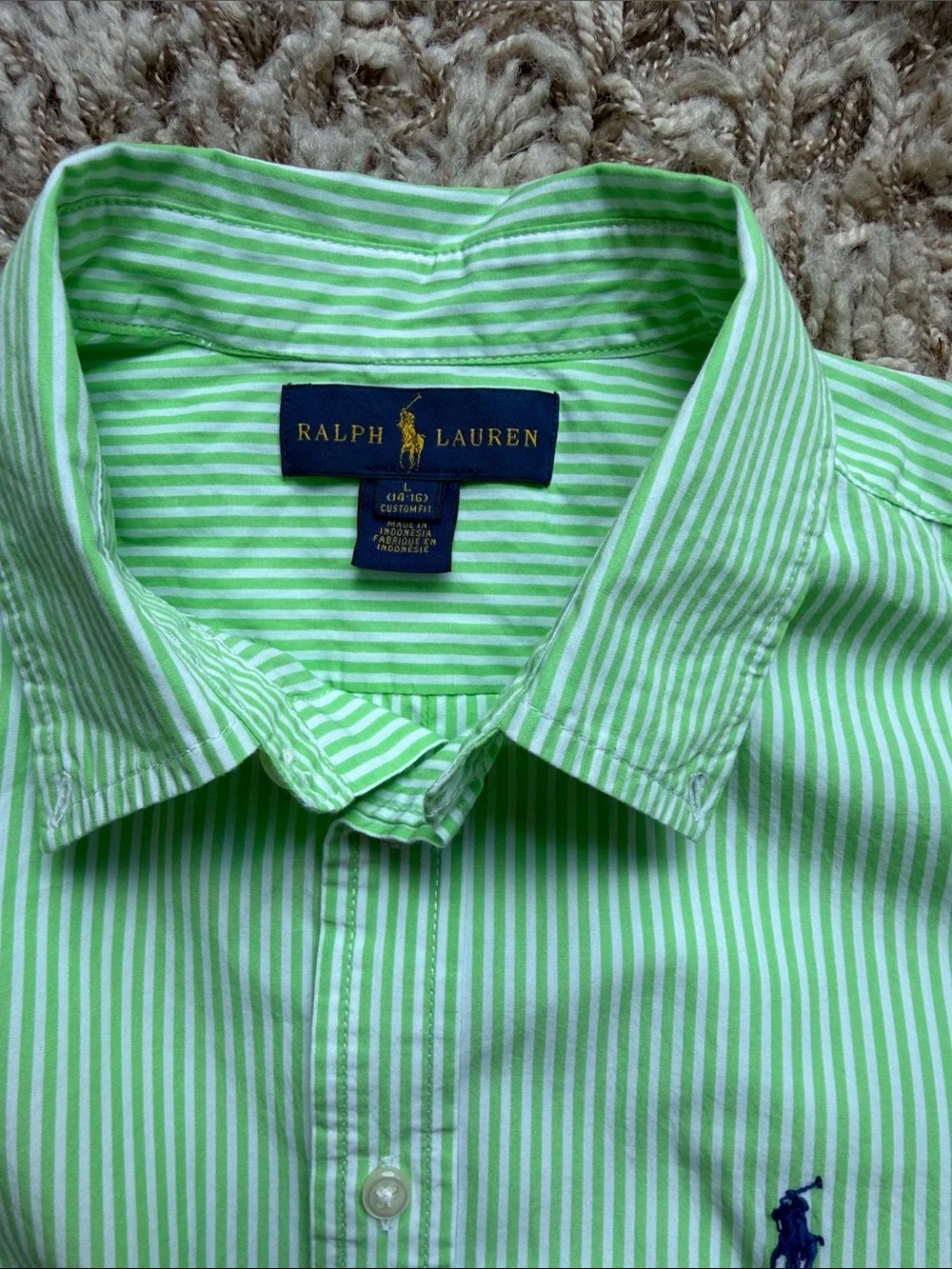 Ralph Lauren Light/lime Green Pinstripe Button-Down LARGE 14/16 Long Sleeve
